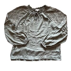 Wonderly Sage Green Eyelet Lace Shoulder Peasant Blouse Tie Neck Long Sleeve M